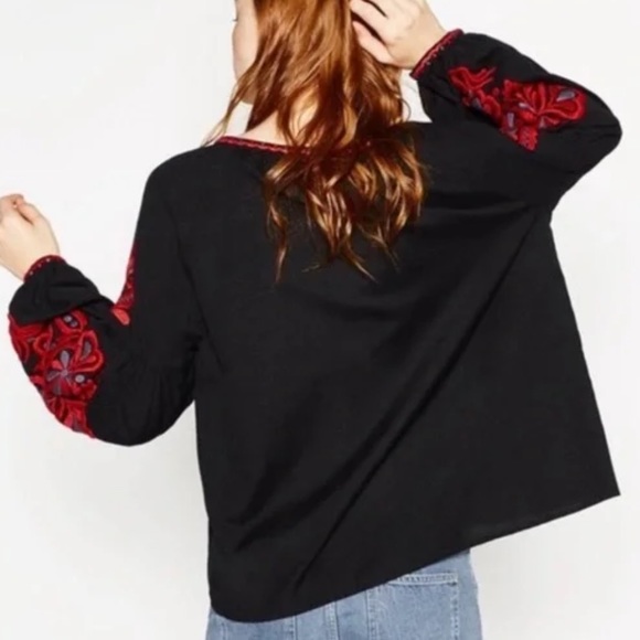 Zara Womens Embroidered Tassel Top Red Black Long Sleeve Floral Size Medium - Picture 2 of 13